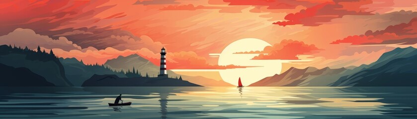 A lighthouse beam sweeping across a rough sea, guiding a small boat in this protective illustration