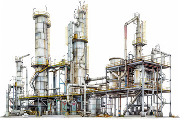 Watercolor oil industrial plant with equipment on a white background.