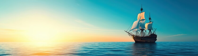 Fototapeta premium A majestic ship sails across the calm sea during sunset, reflecting warm colors in the sky and water, evoking adventure and tranquility.