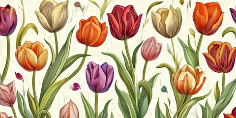 Obraz premium A vibrant array of tulips in various colors creates a beautiful floral display. This illustration captures the essence of spring. Perfect for backgrounds or nature-themed designs. AI