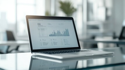 A modern laptop displaying data analytics reports in a bright office setting, perfect for illustrating productivity and technology.