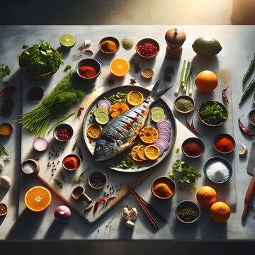 Tikin Xic Fish Dish with Fresh Herbs on Marble Counter