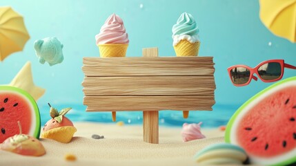Blank wooden sign with summer beach scene, ice cream cones, watermelon slices, and sunglasses.