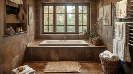 Rustic brown bathroom with wood-tone brown tiles, towels, and natural lighting.