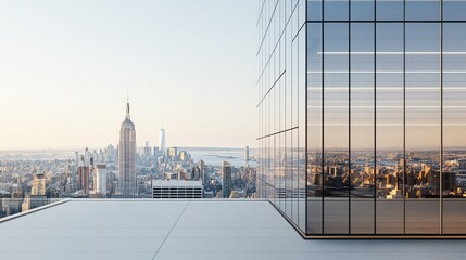 Obraz premium Stunning cityscape view from a modern high-rise with glass architecture overlooking the iconic skyline at sunrise.