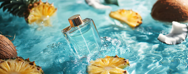 Fresh and inspiring fragrance bottle surrounded by tropical fruits and water, perfect for summer vibes and cosmetic promotions.