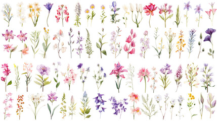 Set of watercolor wildflowers painting isolated on clear png background and transparent background. Fresh and nature concept for nature decorative and flower element, AI generative.	