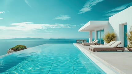 Fototapeta premium Luxurious Greek island hotel with pool and sun loungers for relaxation. Concept Luxury Accommodation, Greek Islands, Swimming Pool, Sun Loungers, Relaxation