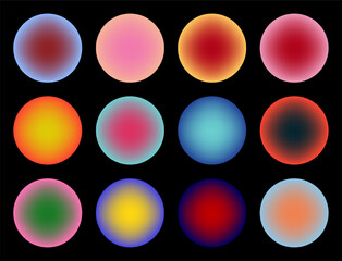 Set of Gradient abstract shapes in trendy colors. Blurred spheres. Color gradients. Set of defocused color round shapes for graphic design. Modern color combinations. Vector illustration on dark back