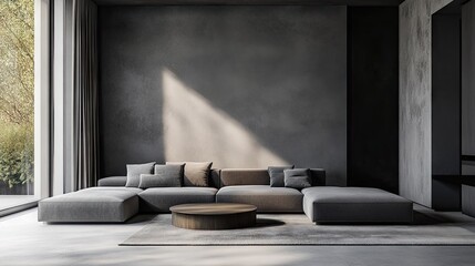 Sleek grey living room with grey walls, grey furniture, and minimalist decor for a modern aesthetic.