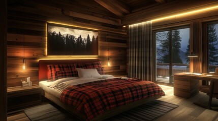 Cozy bedroom with a wooden wall, a large bed with red and black plaid bedding, and a window overlooking a snowy forest.