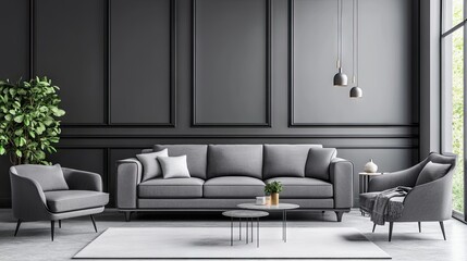 Fototapeta premium Sleek grey living room with grey walls, grey furniture, and minimalist decor for a modern aesthetic.