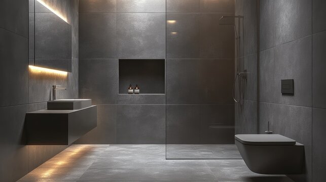 Sleek grey bathroom with grey tiles, a grey sink, and soft lighting for a modern feel.