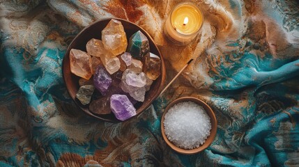 A calming arrangement showcases various crystals, a lit incense stick, and a bowl of salt on a richly textured fabric, inviting relaxation and mindfulness