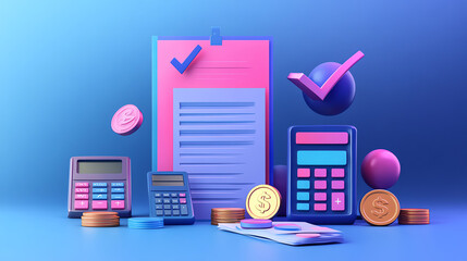 3D rendering of a checklist, calculators, and coins, symbolizing financial planning and success.