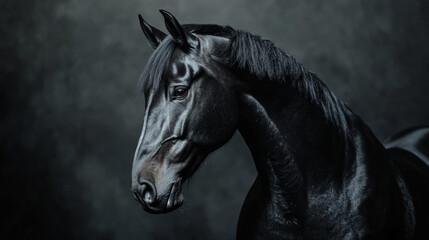 A black horse is photographed in a studio with dark lighting. The photo focuses on the horse's head, looking to the left. The image is slightly tilted to the left.