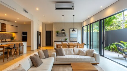 Spacious living area with a mounted air conditioner, luxurious white couches, and an open concept design.