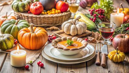Festive Thanksgiving Table with Pumpkins, Soup, and Candles, Cozy Autumn Meal