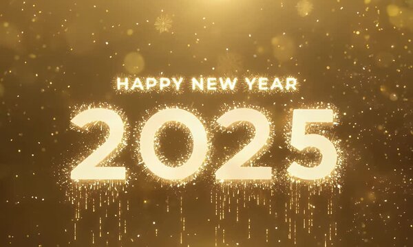 Glittering golden background with glowing Happy New Year 2025 text animation and festive ambiance