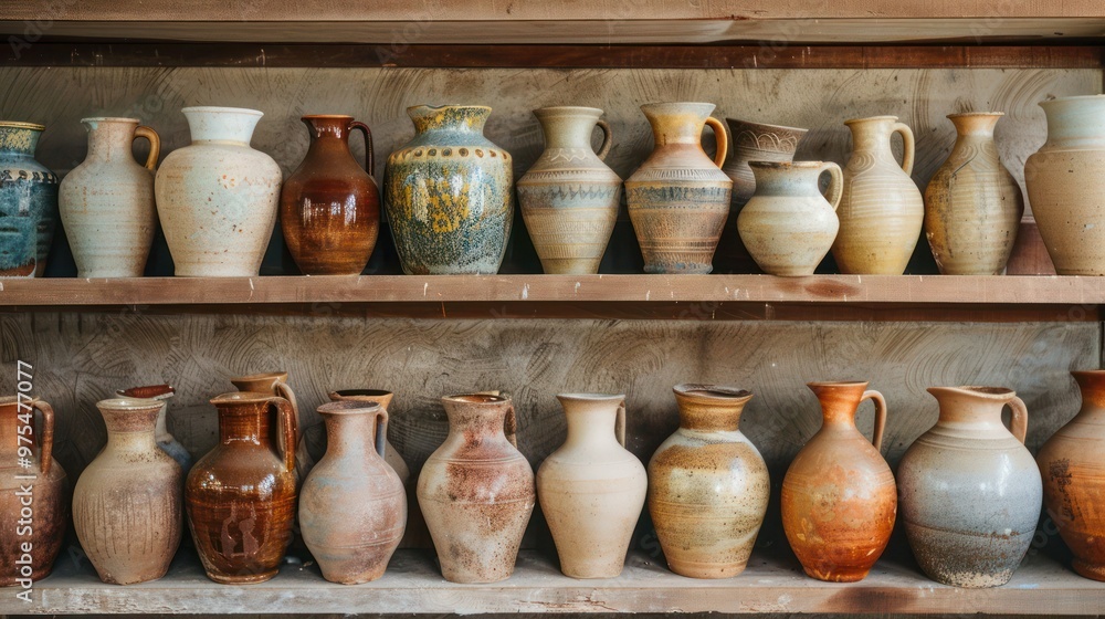Poster multiple clay vases arranged neatly on a shelf.