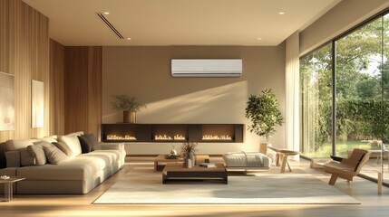 Spacious living room featuring an AC splitter with sleek design, evenly distributing air throughout.