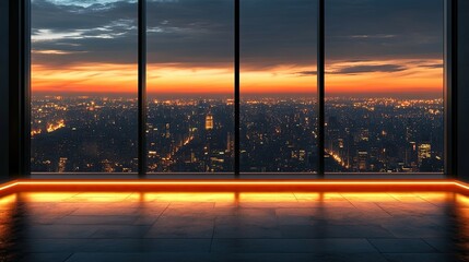 Fototapeta premium Empty room with large windows overlooking a city skyline at sunset with orange glow on the floor.