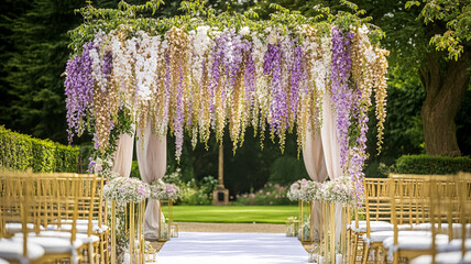 Cottage wedding decoration in the countryside, floral decor and event celebration, flowers, wedding aisle, wedding cake and tablescape, English country style idea