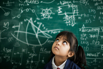 Student thinking in front of blackboard