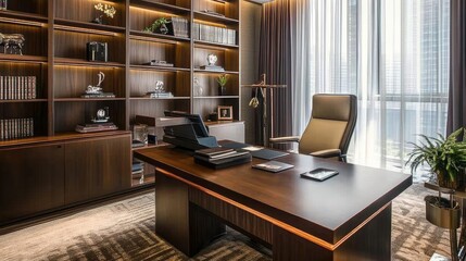 Stylish brown office space with a brown desk, chair, and modern brown decor accents.