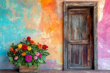 Colorful Mexican room with vibrant dahlias, a rustic wooden door, and lively wall hues.