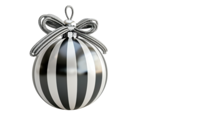 Striped Christmas ball with silver rope bow on transparent background