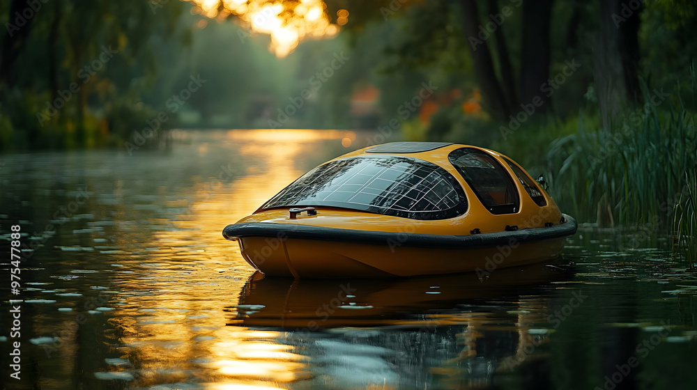 Wall mural Solar Powered Boat on a Calm Lake at Sunset - Realistic Image