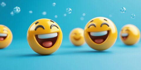 Obraz premium A playful 3D image of floating yellow emoji faces with sunglasses, expressing happiness and joy, on a serene blue background