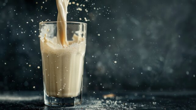 Protein drink. Pouring whey, vanilla protein shake drink in a glass. Food supplements. Dark background. Bodybuilding, fitness, gym.