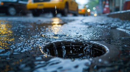 Rainwater flows down city street through manhole cover. Concept Rainwater Management, Urban Infrastructure, Stormwater Drainage, Environmental Impact