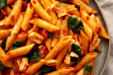 Homemade One-Pot Spinach And Tomato Pasta on a Plate, top view. Close-up.