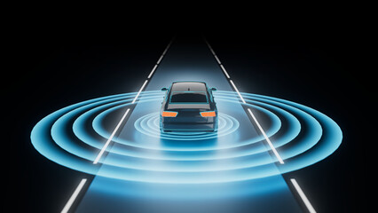 Advanced Driver Assistance Systems (ADAS) 3D rendering visualization.sensor and camera systems of autonomous car, driverless vehicle.  3D illustration. infotaintment HMI automotive future
