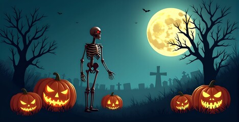 Fototapeta premium Skeleton and jack-o'-lanterns under a full moon in a haunted graveyard. Ideal for Halloween party invitations and spooky-themed promotions
