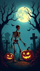 Skeleton and jack-o'-lanterns under a full moon in a haunted graveyard. Ideal for Halloween party invitations and spooky-themed promotions