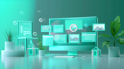 Futuristic holographic dashboard displaying data visualizations and analytics in a modern digital workspace