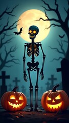 Skeleton and jack-o'-lanterns under a full moon in a haunted graveyard. Ideal for Halloween party invitations and spooky-themed promotions