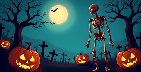 Fototapeta premium Skeleton and jack-o'-lanterns under a full moon in a haunted graveyard. Ideal for Halloween party invitations and spooky-themed promotions