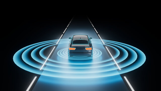 Advanced Driver Assistance Systems (ADAS) 3D rendering visualization.sensor and camera systems of autonomous car, driverless vehicle.  3D illustration. infotaintment HMI automotive future