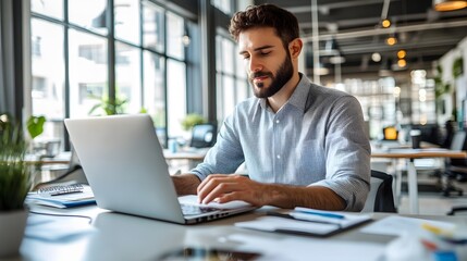Bearded Man Working on a Laptop in an Office