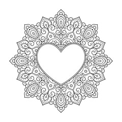 Frame in eastern tradition. Stylized with henna tattoos decorative pattern for decorating covers for book, notebook, casket, magazine, postcard and folder. Flower Heart in mehndi style.