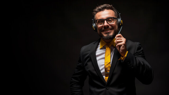 Man with headphones. Customer support call. Dark background copy space.