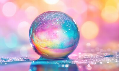 A glass sphere with rainbow reflections on a colorful background.