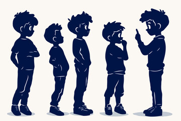 Black and white vector illustration of a group of young boys standing in silhouette