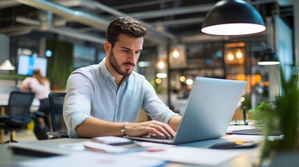 A Man Working On His Laptop At A Desk In A Modern Office