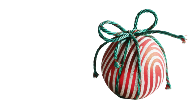 Striped Christmas ball with green rope bow on transparent background